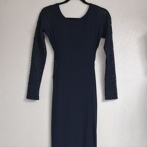 Sequin Hearts Navy Blue Formal Gown With Sparkly Lace Sleeves    Size 5